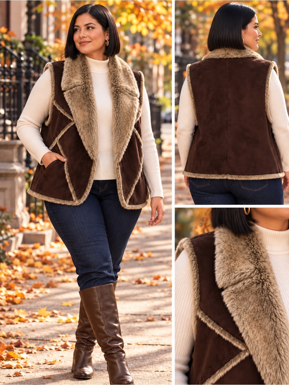 Faded Glory Brown Faux-Shearling Vest with Cream Trim